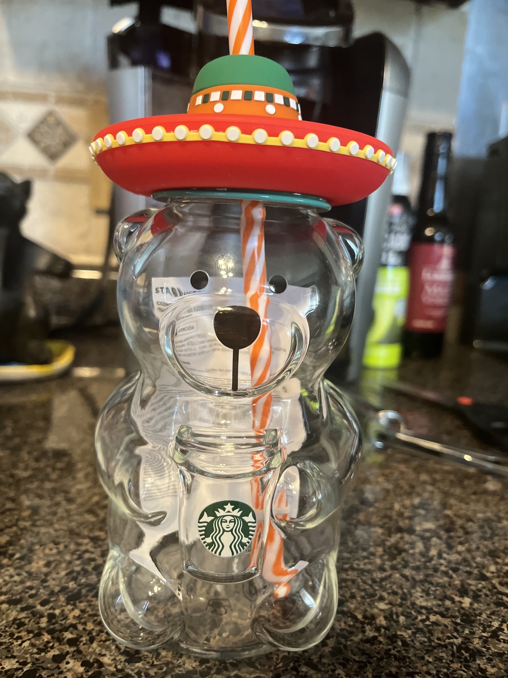 Starbucks Clear Bear Tumbler with Red Sombrero Lid and Orange Straw